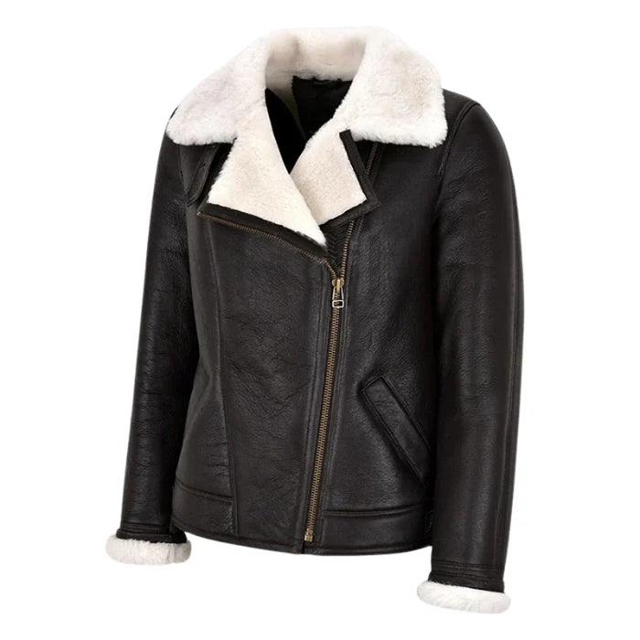 Falvor Ladies Sheepskin Pilot Shearling Leather Jacket Brown