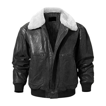Men's Real Leather Fur Collar Bomber Jacket