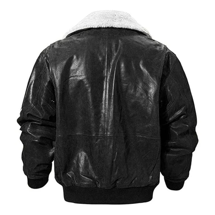 Men's Real Leather Fur Collar Bomber Jacket