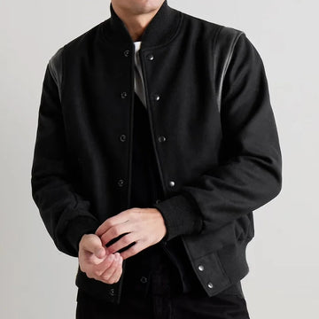 Hayes Black Wool Varsity Jacket with Leather Detail