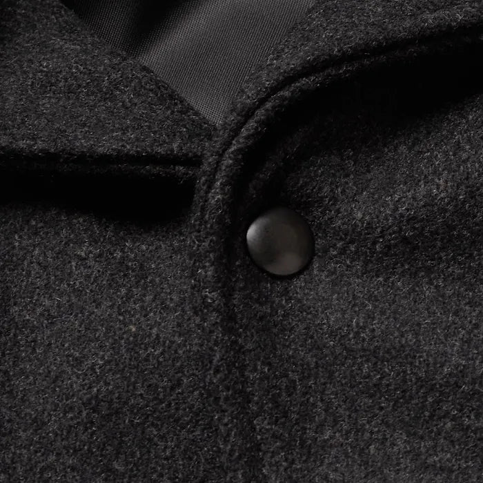 Hayes Matte Black Wool Varsity Jacket with Beige Leather Detail
