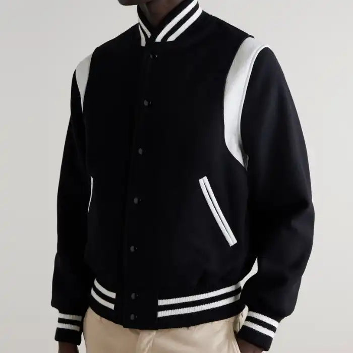Hayes Black Wool Varsity Jacket with White Leather Detail