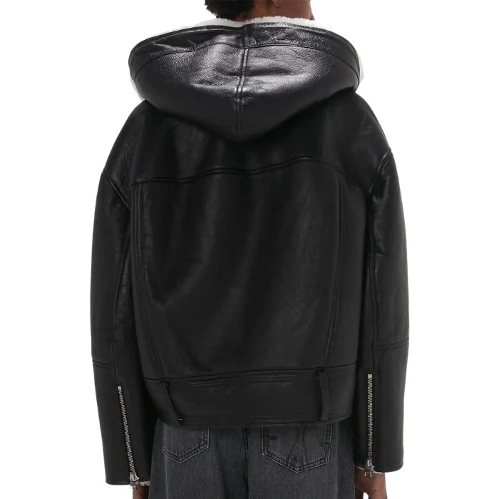 Ivenza Hooded Fur Shearling Leather Biker Jacket