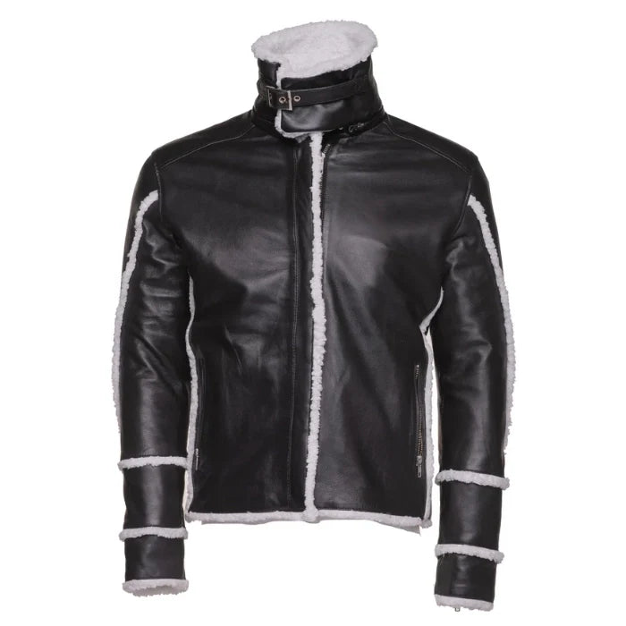 Kaelen Leather Shearling Bomber Jacket with Double Collar