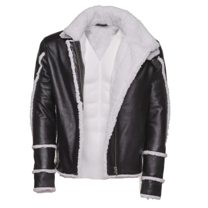 Kaelen Leather Shearling Bomber Jacket with Double Collar
