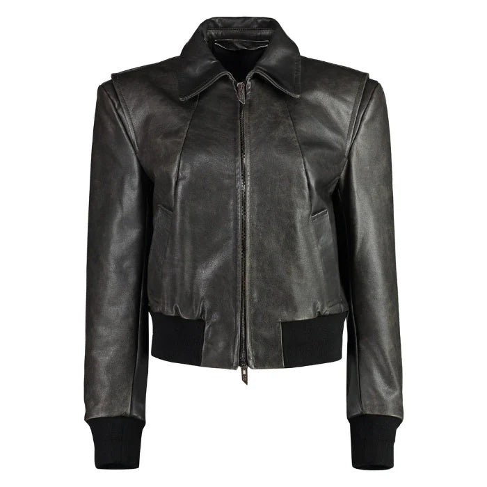 Front view of Black Bomber Leather Jacket for Women