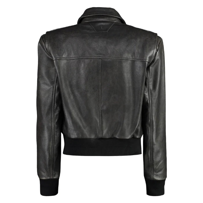 Front view of Black Bomber Leather Jacket for Women