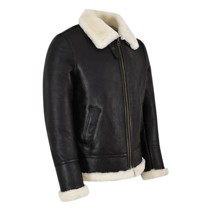 Molvik B3 Shearling Flying Leather Bomber Jacket Sheepskin Black White Fur