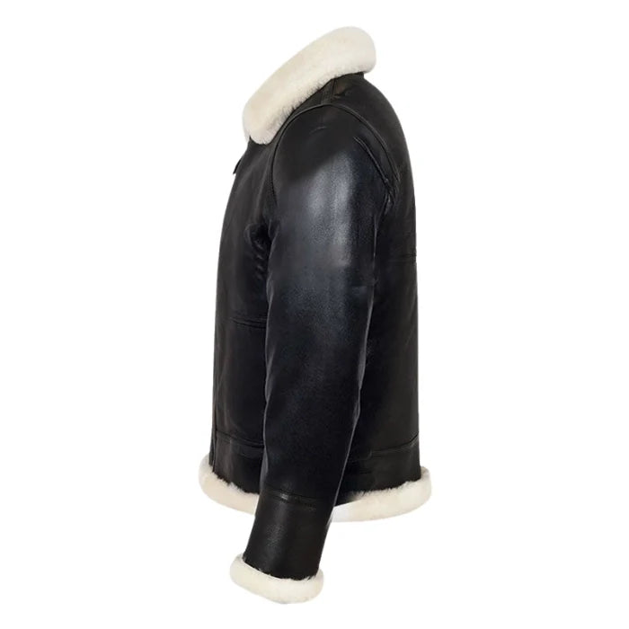 Molvik B3 Shearling Flying Leather Bomber Jacket Sheepskin Black White Fur