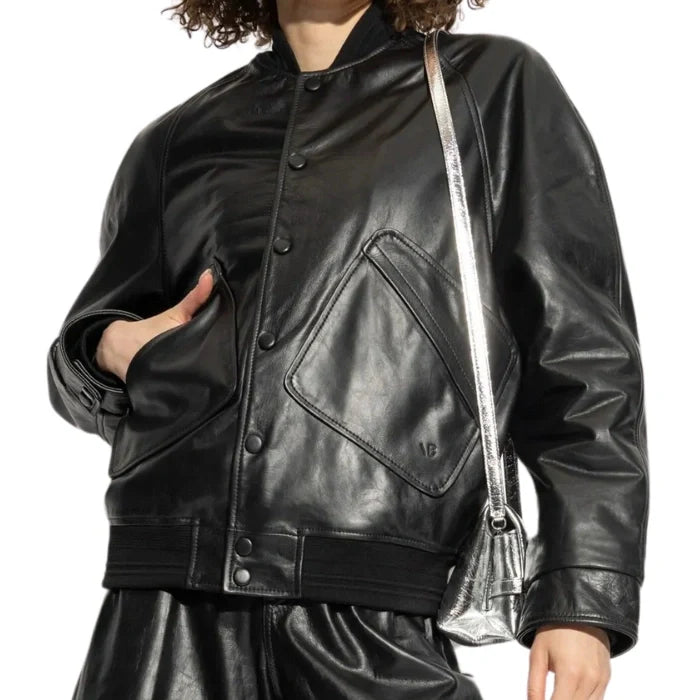 Elara Oversized Fit Black Leather Bomber Jacket