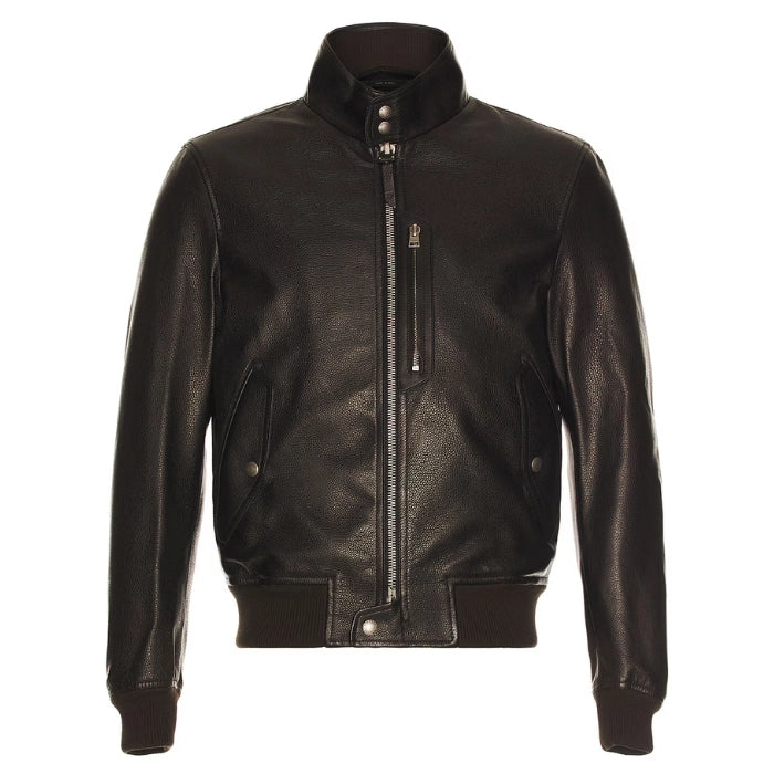 Men’s black high-neck genuine bomber leather jacket front view