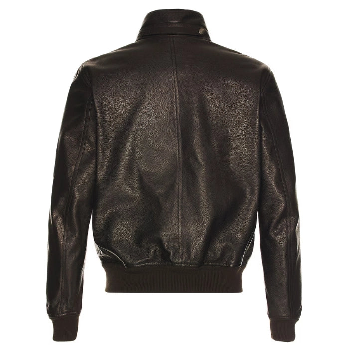 Back view of black high-neck genuine  bomber leather jacket 