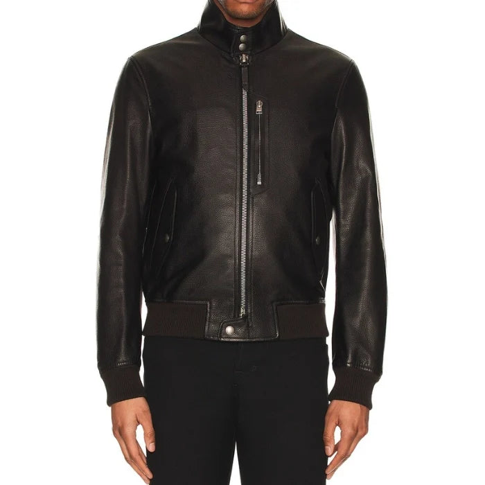 Front view of Model wearing High Neck Bomber Leather Jacket open front zipper closure
