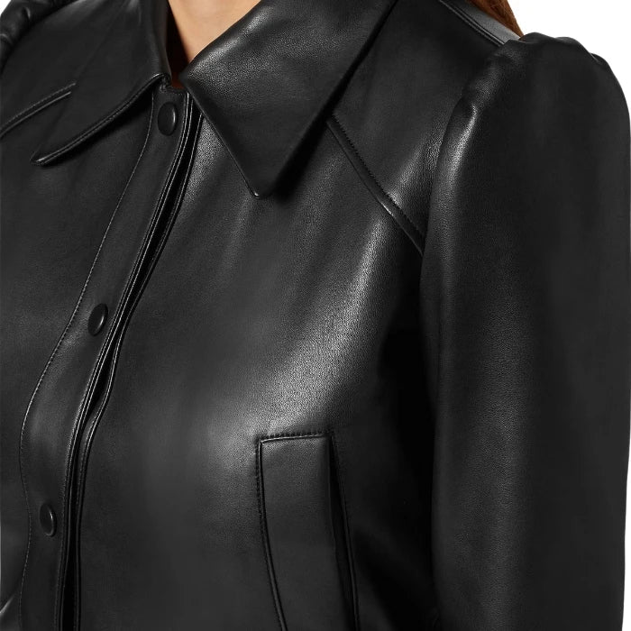 Marisol Puffed Shoulder Leather Bomber Jacket