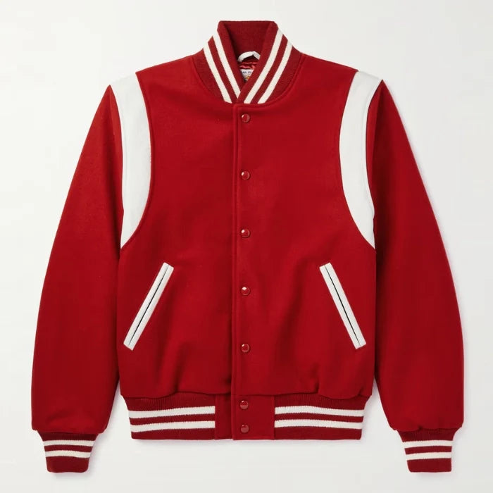 Front view of Red varsity jacket with white accents