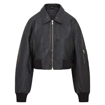Renat Oversized Leather MA-1 Cropped Bomber Jacket