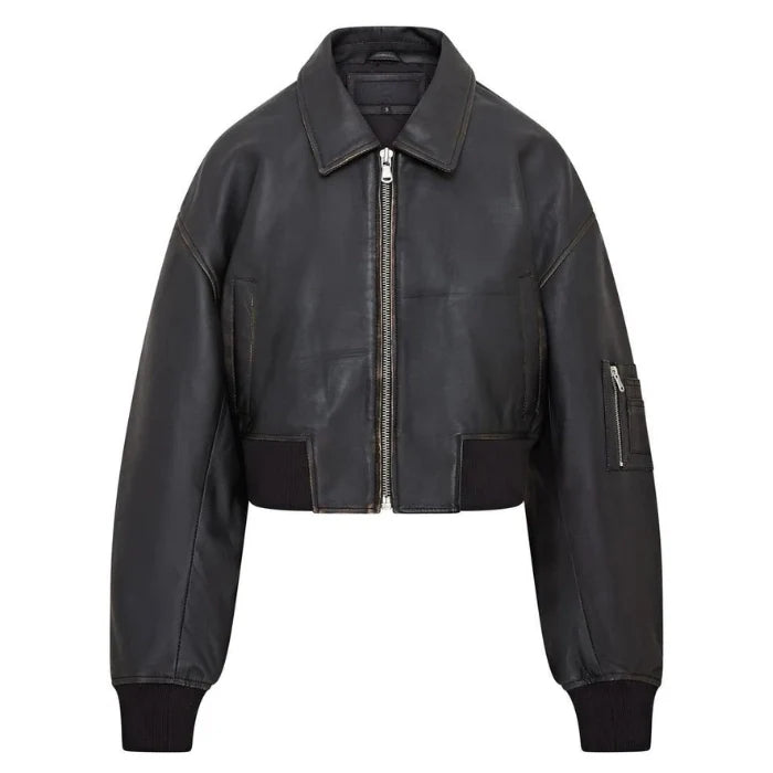 Renat Oversized Leather MA-1 Cropped Bomber Jacket