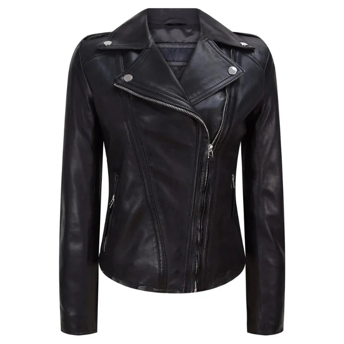 Front view of black moto leather jacket on a white background