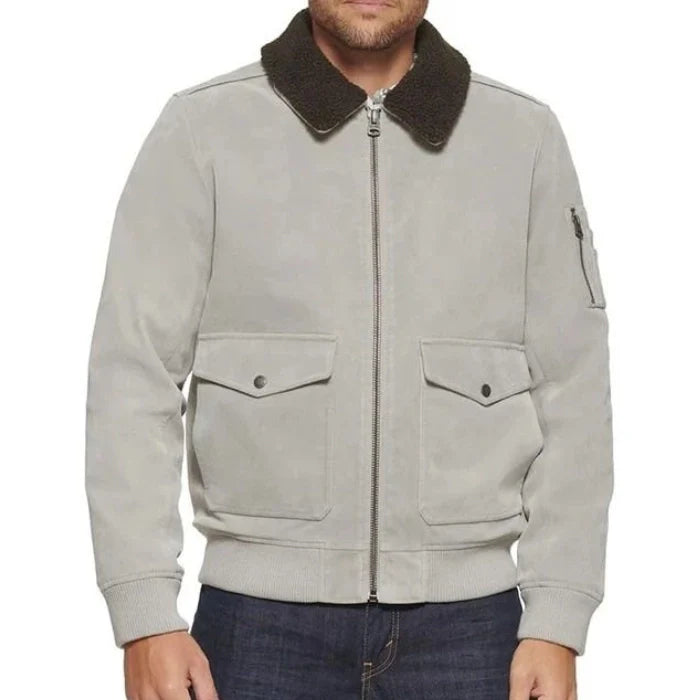 Men's Suede Leather Fur Collar Bomber Jacket