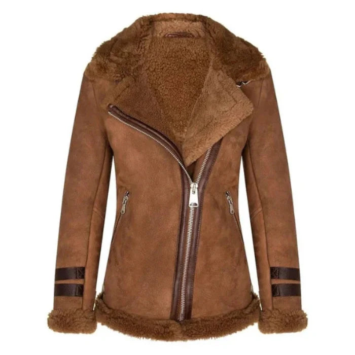 Women's tan brown shearling fur real leather jacket with a plush collar, asymmetrical zipper, and buckle straps on sleeves and waist.