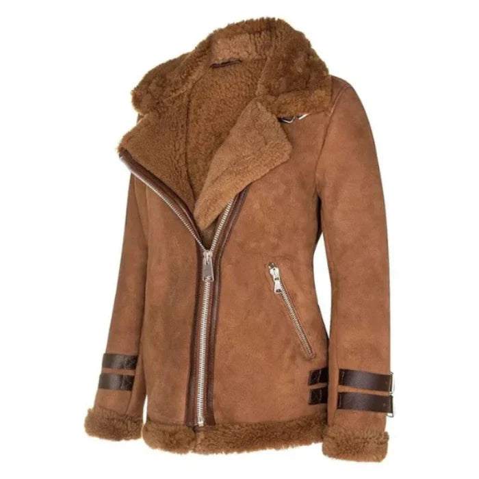 Brown shearling jacket with fur collar and leather accents on a white background