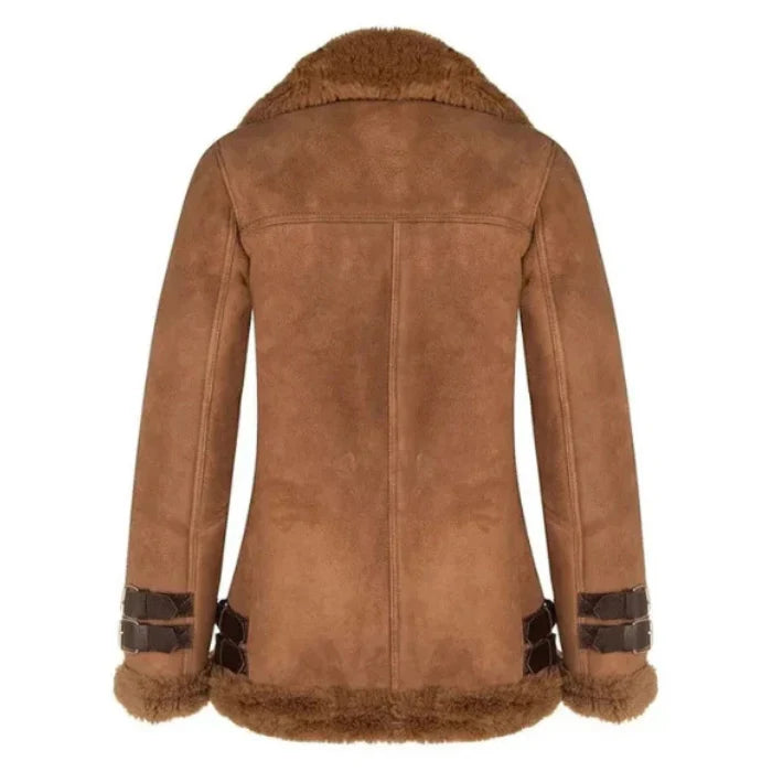 Back view of womens brown shearling leather jacket with fur trim
