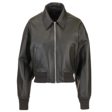 A black leather bomber-style jacket with a pointed collar, ribbed cuffs, and a silver zipper.