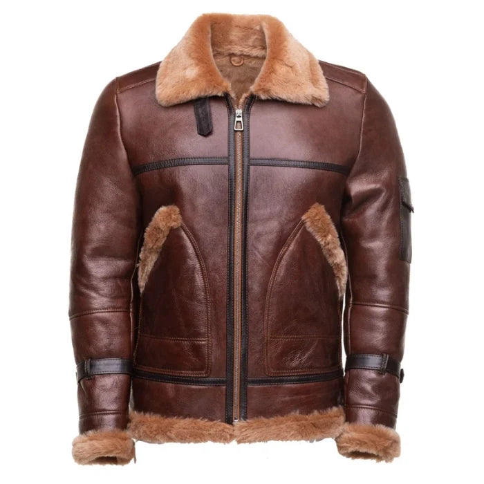 Tundrix Brown Sheepskin Shearling Bomber Jacket for Men