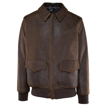 Men's vintage brown A-2 flight jacket with a point collar, front zipper, and two large front flap pockets.