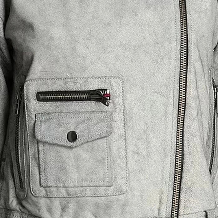 Close-up of a gray corp biker jacket with a pocket and zipper detail