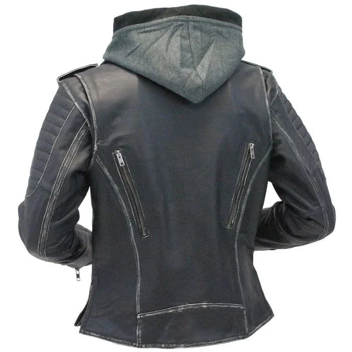 Women's Quilted Leather Moto Jacket with Hoodie
