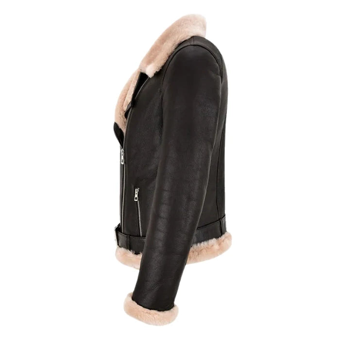 Zarvyn Sheepskin B3 Aviator Flying Belted Jacket Beige Fur