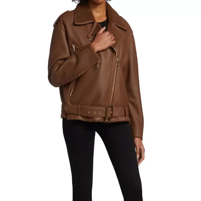 Women's Brown Shearling-Lined Leather Moto Jacket