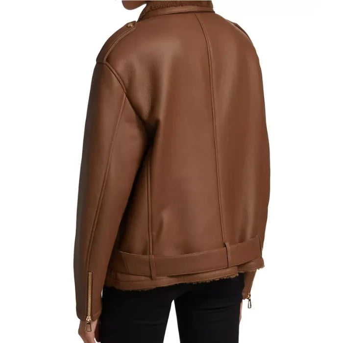 Women's Brown Shearling-Lined Leather Moto Jacket